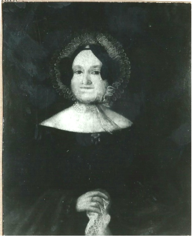 Portrait of a woman in a dark dress with a lace bonnet and a scarf in her hand, in the 19th-century style.