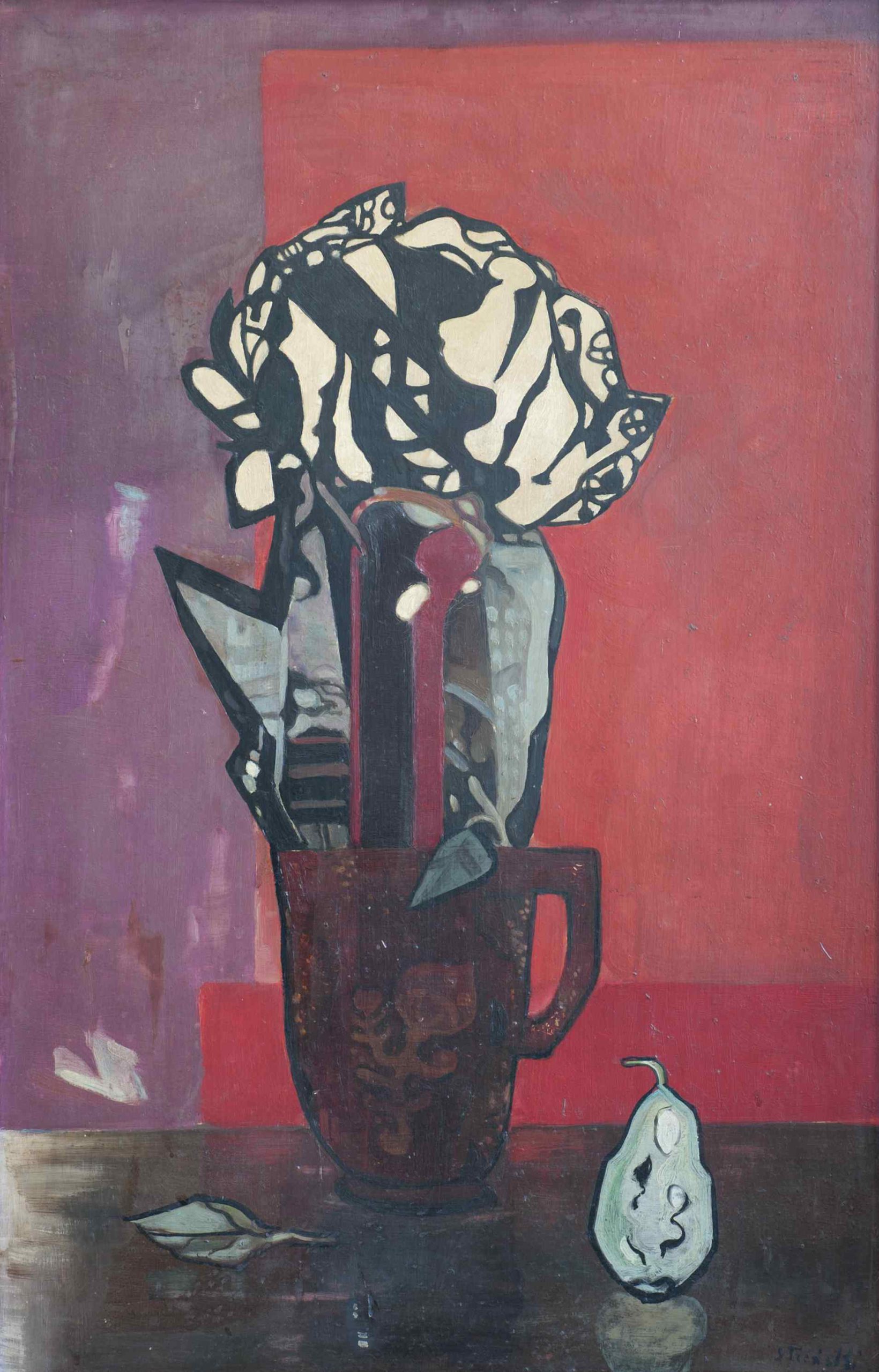 A still life with a flower in a vase and a pear on a table, in an abstract style.