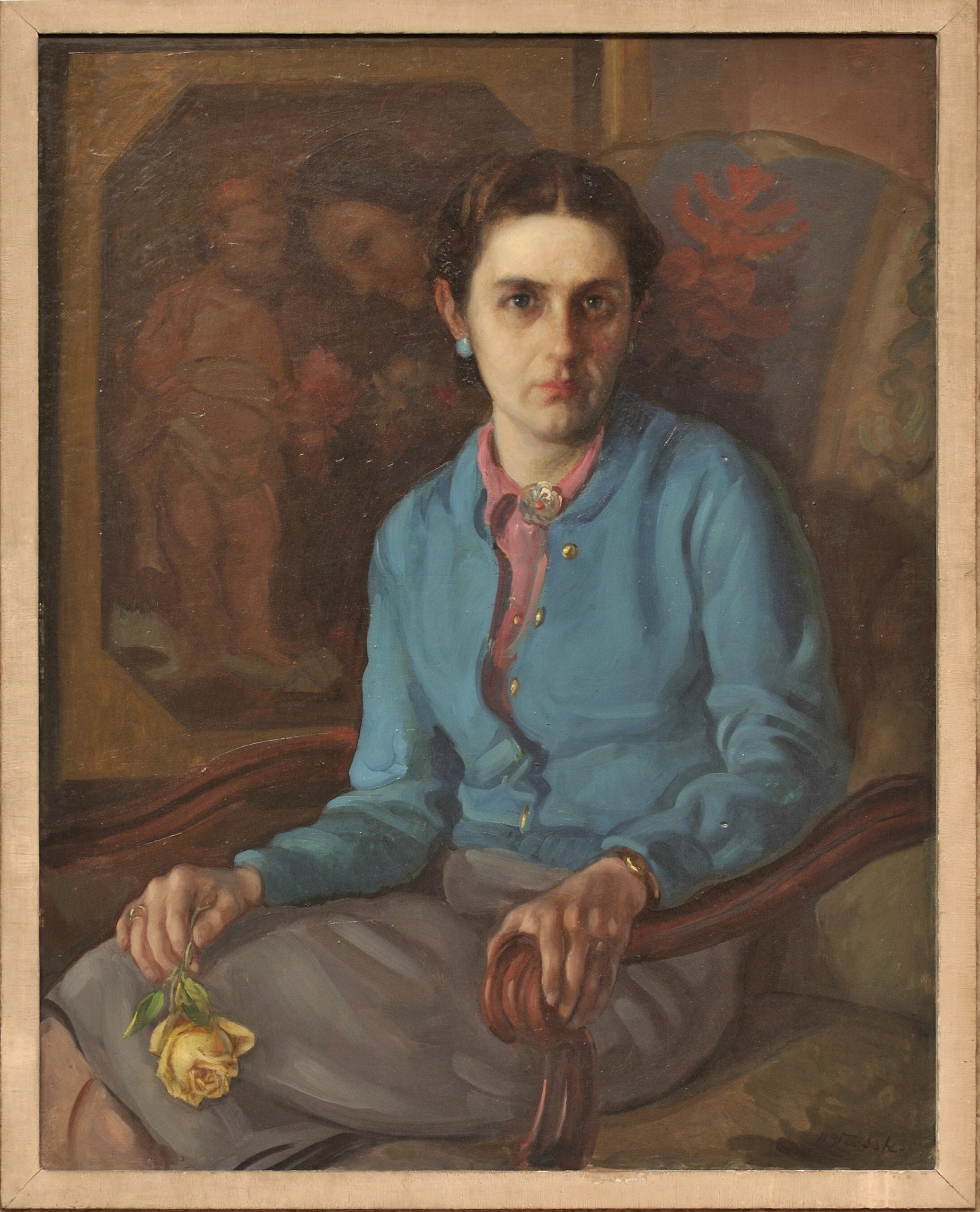 Portrait of a woman sitting in an armchair with a yellow rose in her hand.