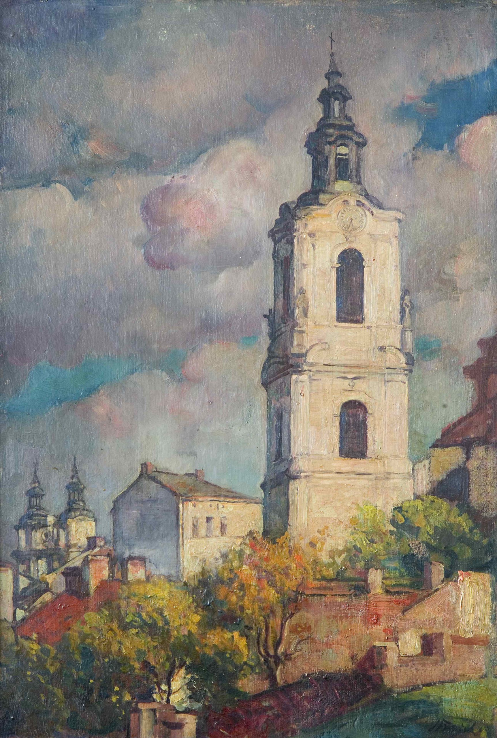 A painting depicting a church tower among buildings under a cloudy sky.