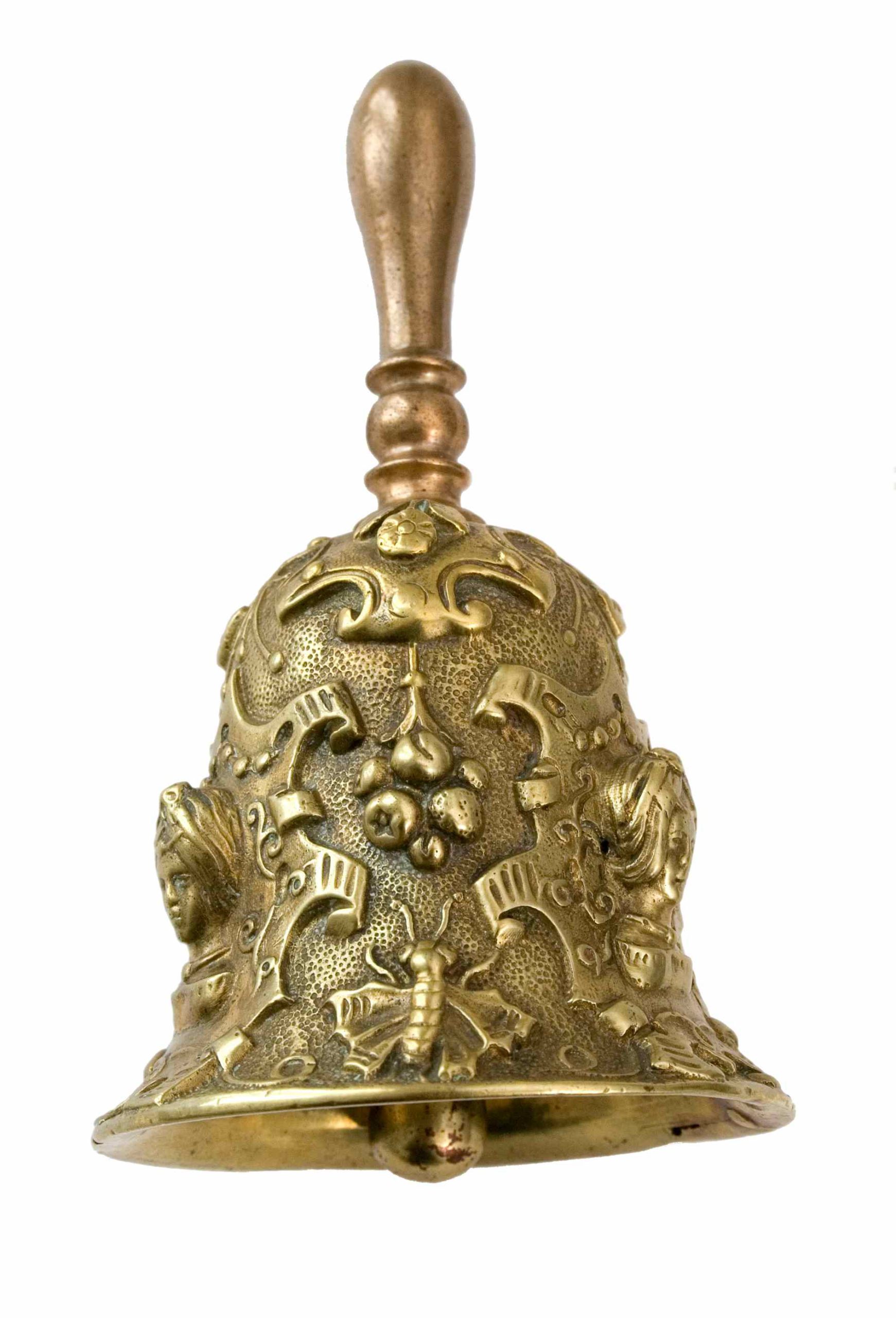 A decorated bell with a handle, covered with ornaments and figures.