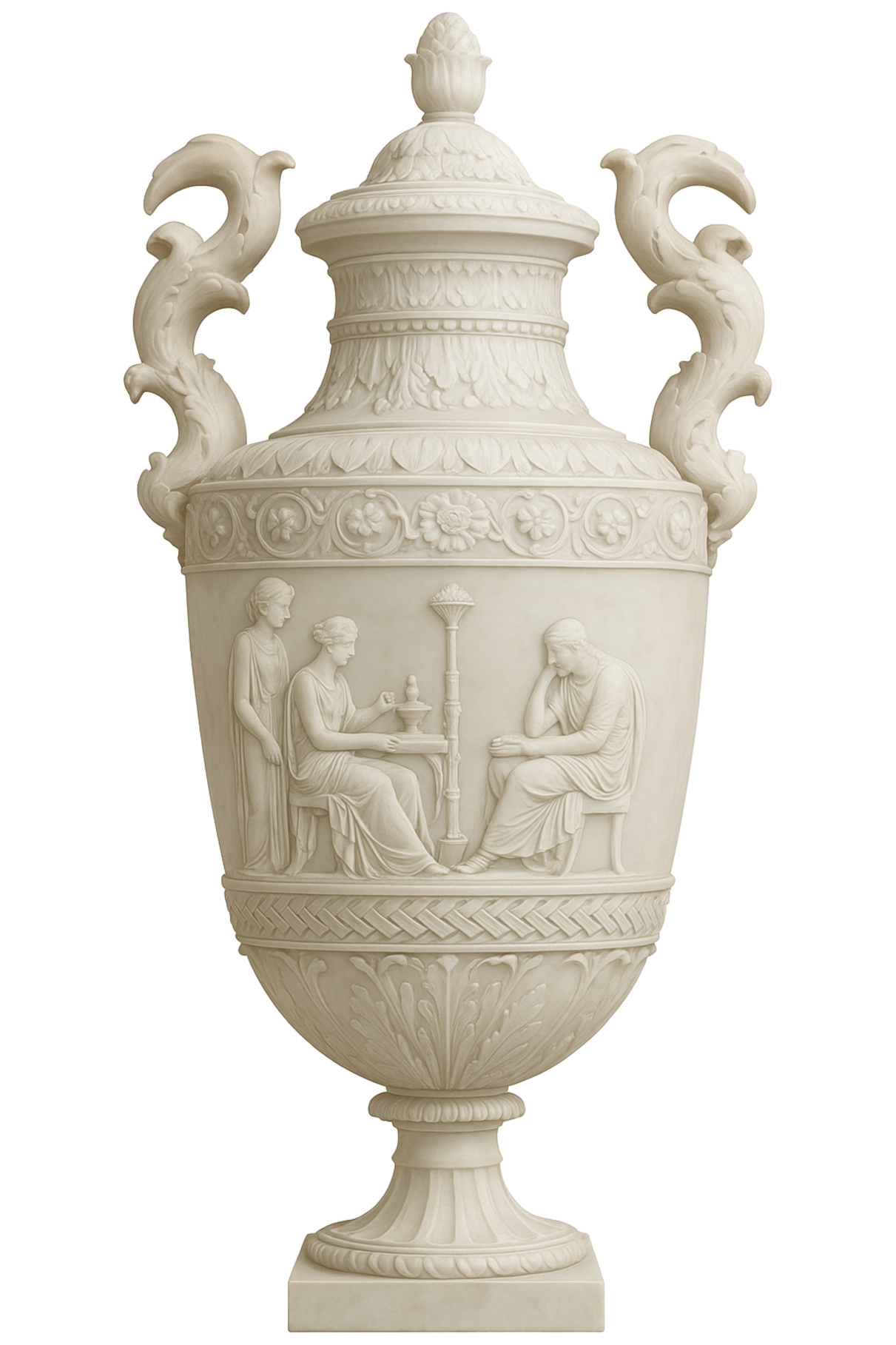 Decorative marble urn in the classical style, decorated with a relief of antique figures and plant ornaments.