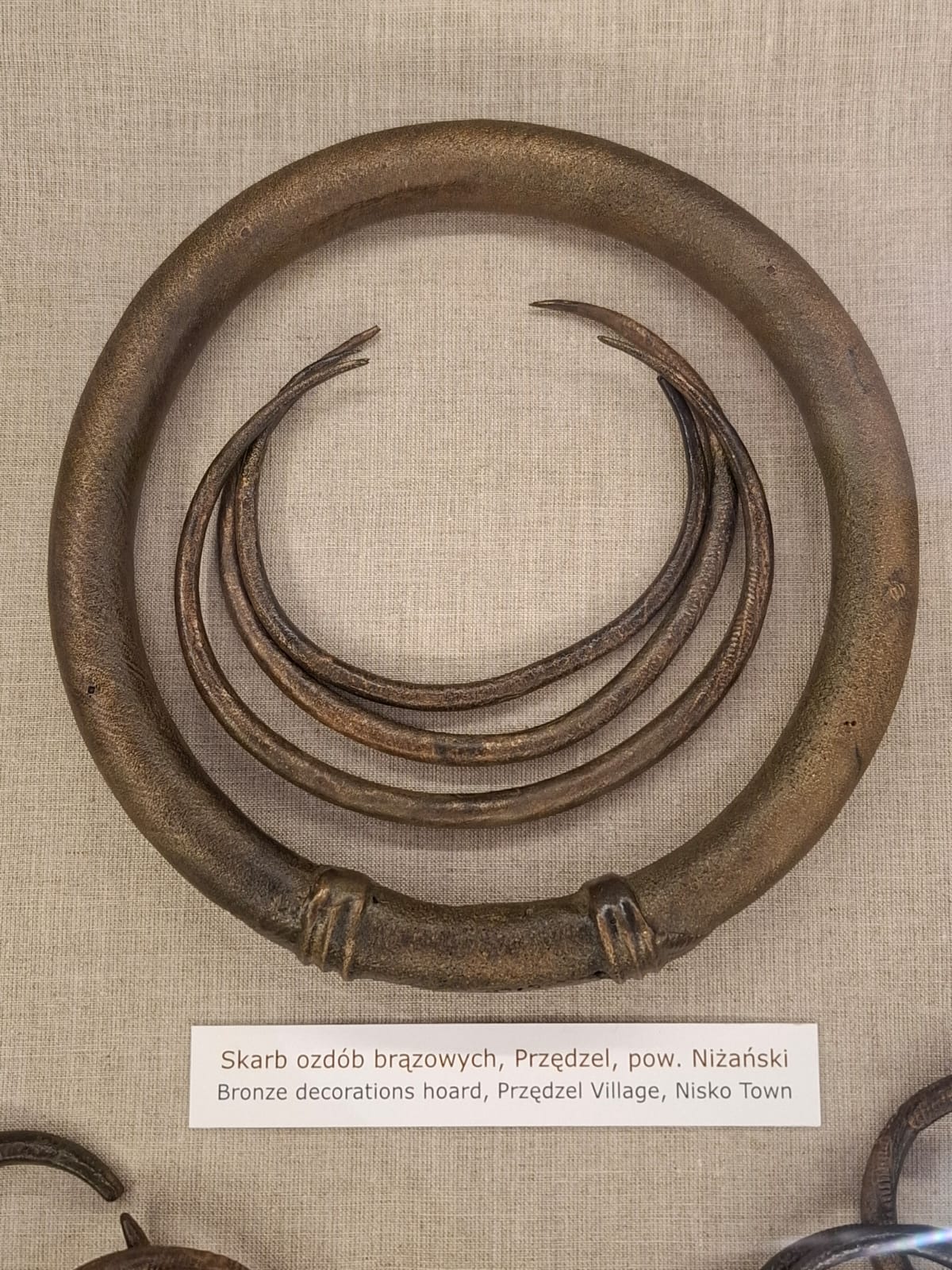 Bronze ornaments from the Bronze Age: a large necklace and several smaller rings, displayed in a museum display case.